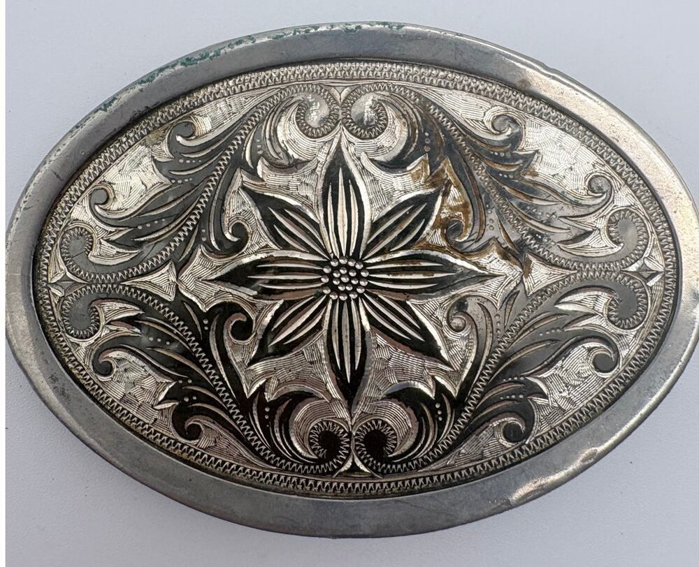 Vintage Western Style Floral Silver-Tone Belt Buckle